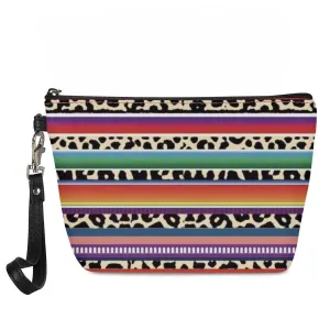 Cozeyat Rainbow Striped Leoaprd Print Large Tops Comestic Bag with Zipper,PU Leather Money Cash Card Organizer with Zipper Around,Water Resistant Make Up Hand Bag