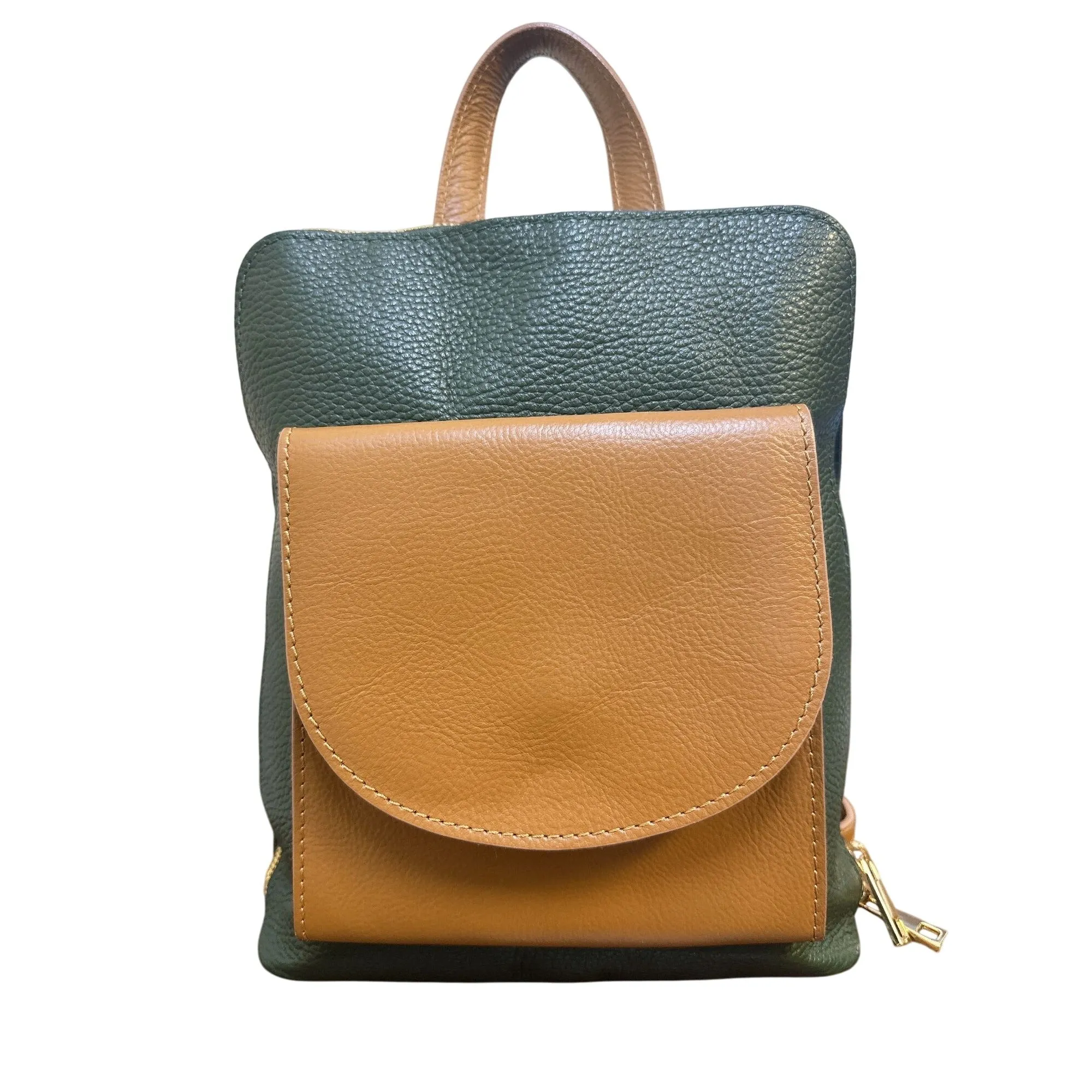 Divina Ferenze Two-Tone Green & Brown Faux Leather Backpack w/Magnetic Snap Pocket & Adjustable Straps