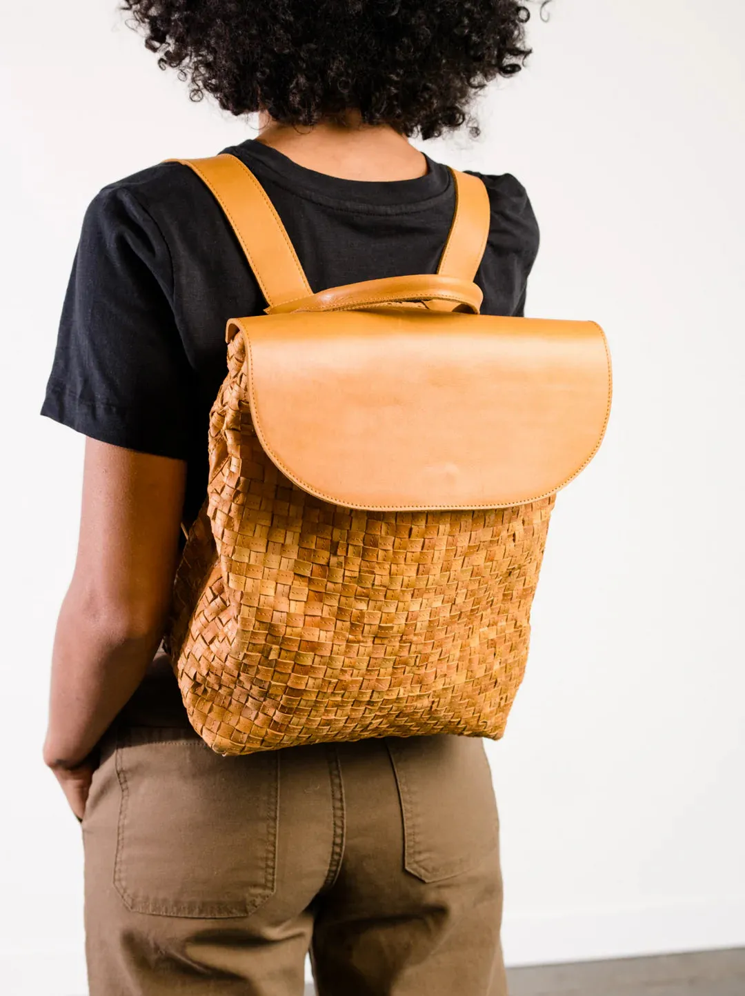 Elsa Basketweave Backpack in Cognac