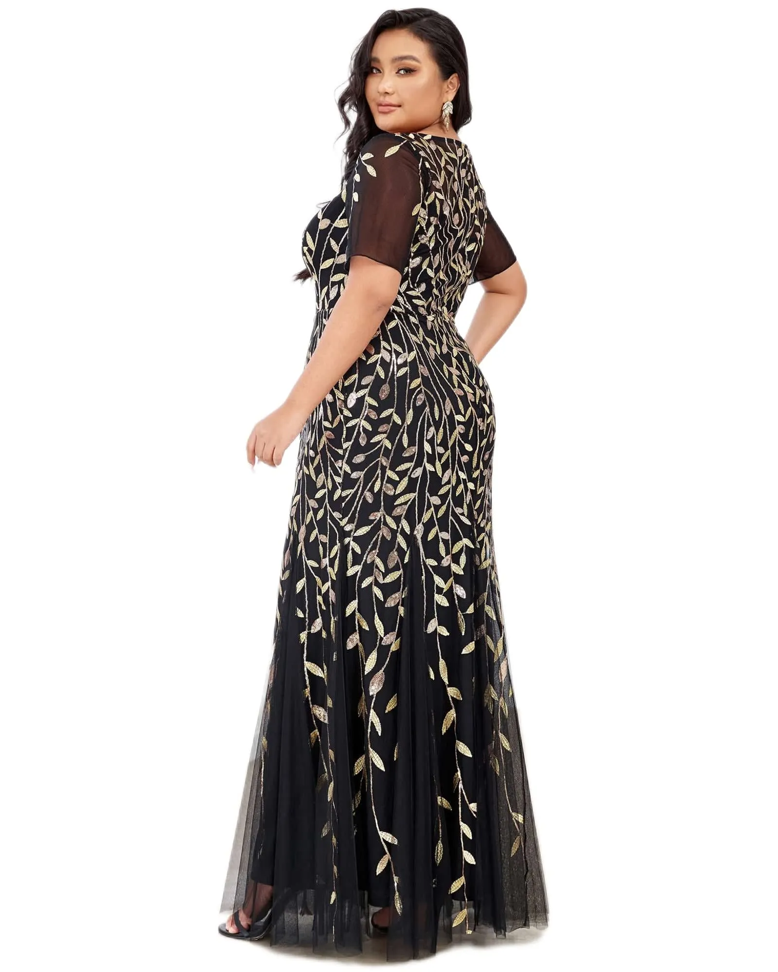 Floral Sequin Mermaid Tulle Evening Dress | Black & Gold