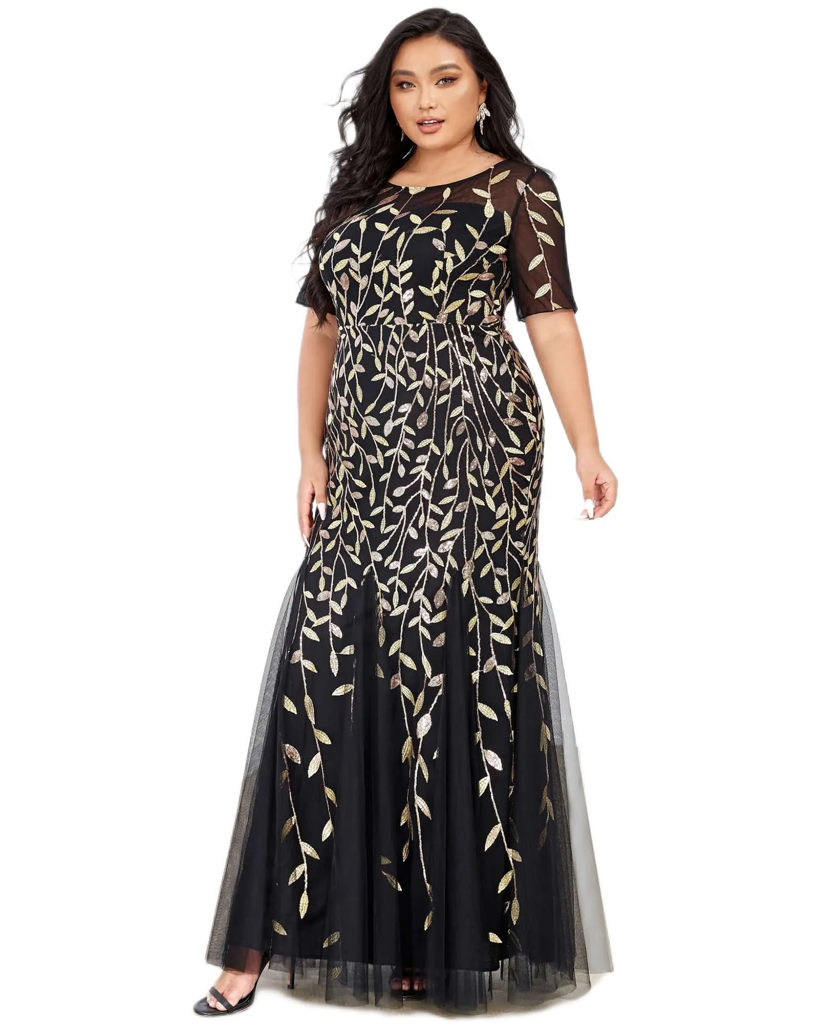 Floral Sequin Mermaid Tulle Evening Dress | Black & Gold