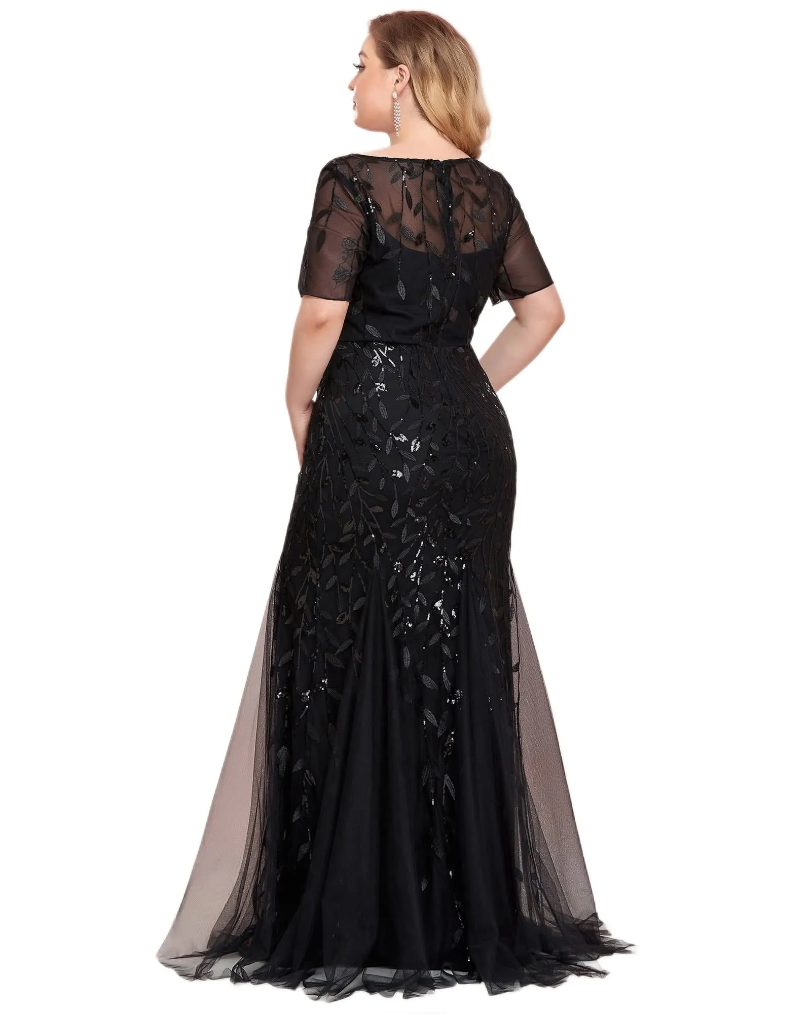 Floral Sequin Mermaid Tulle Evening Dress | Black