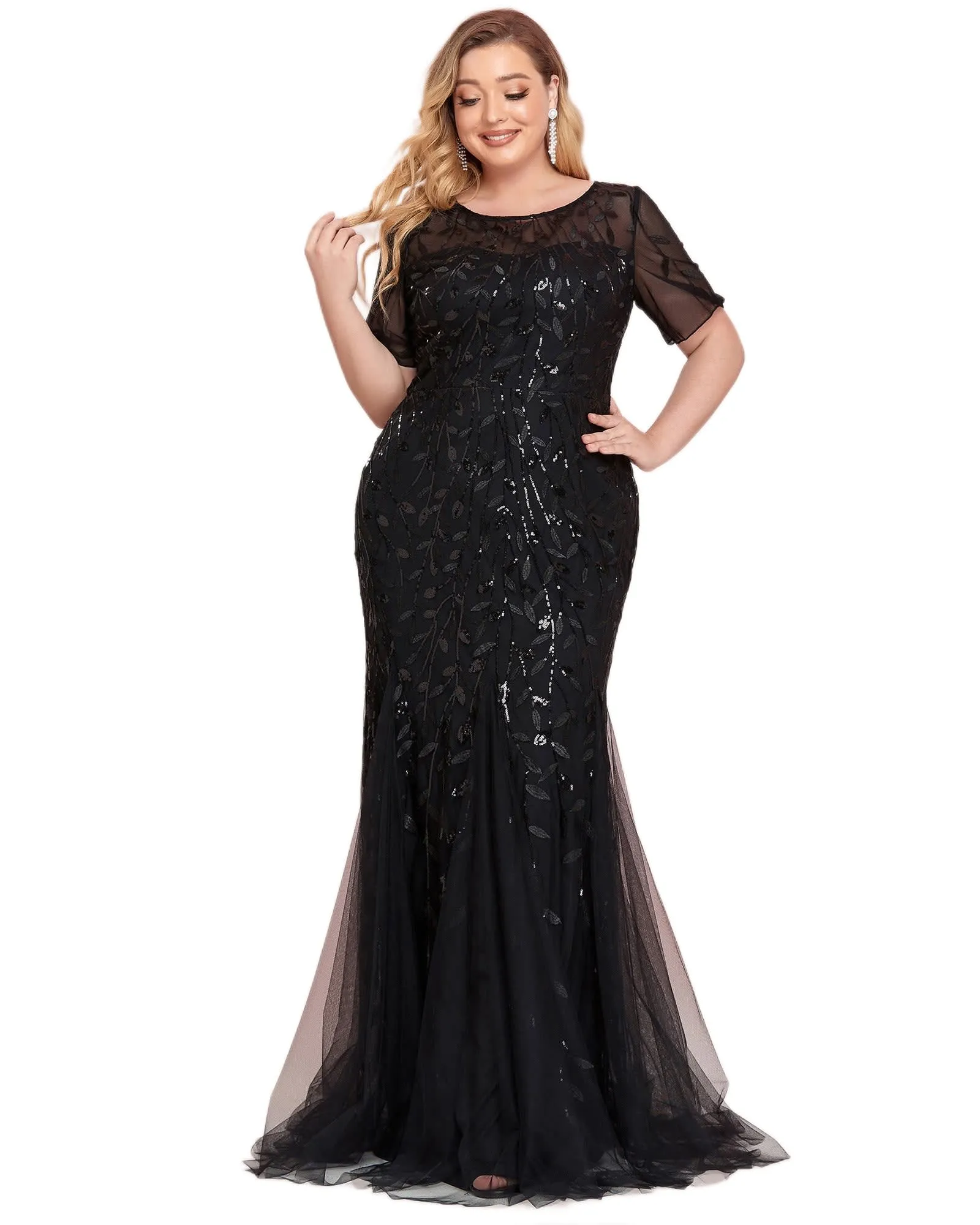 Floral Sequin Mermaid Tulle Evening Dress | Black