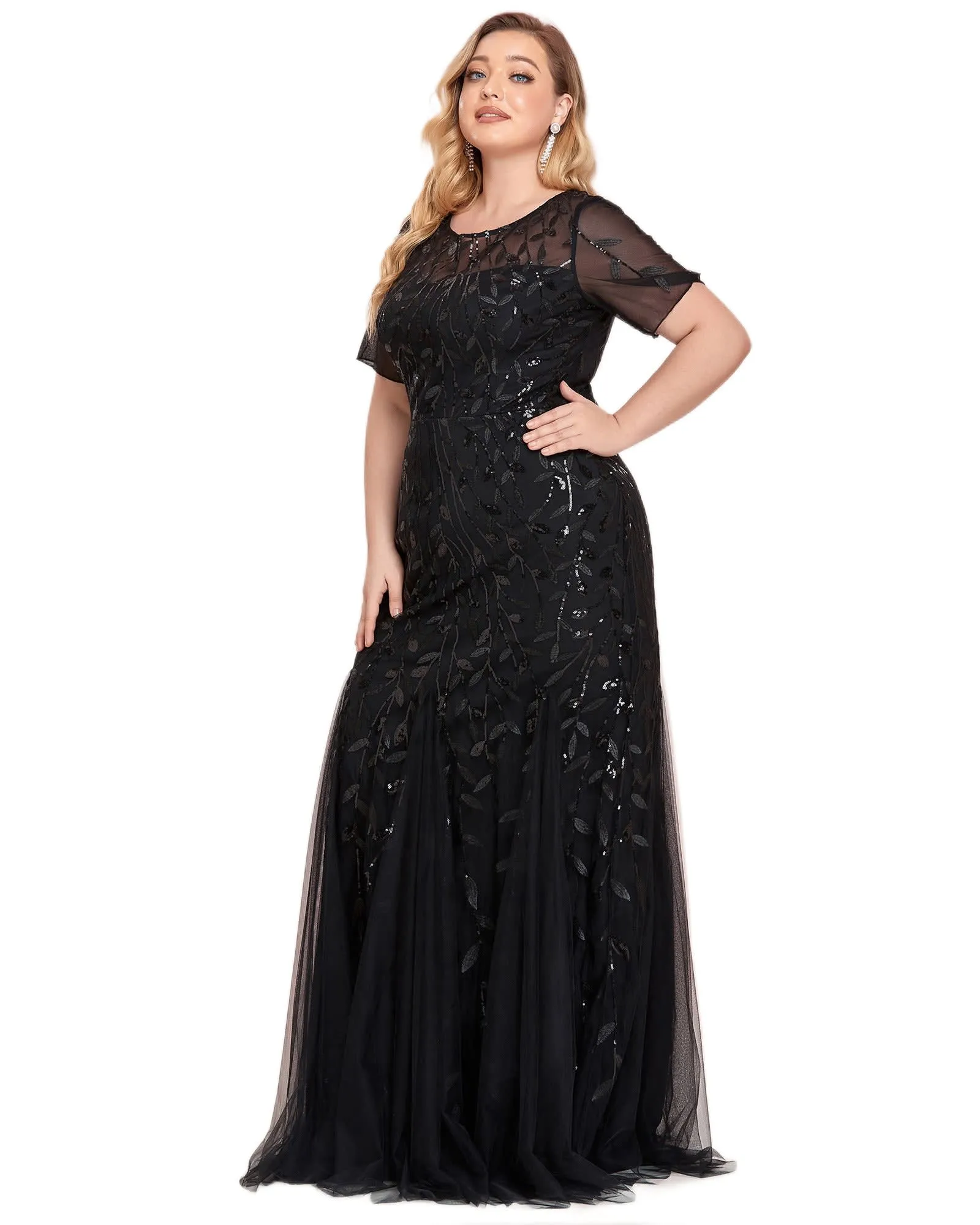 Floral Sequin Mermaid Tulle Evening Dress | Black