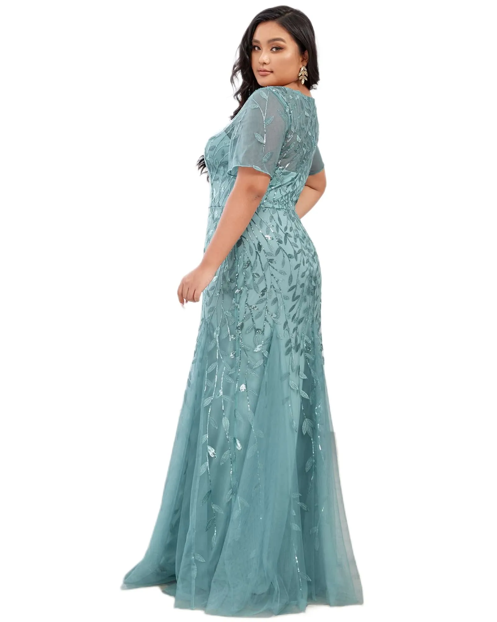 Floral Sequin Mermaid Tulle Evening Dress | Dusty Blue