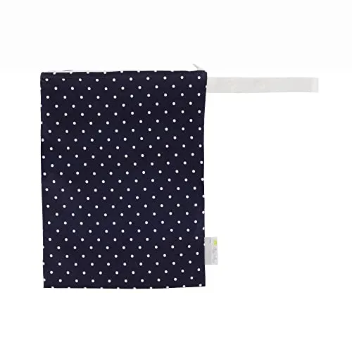Itzy Ritzy Sealed Wet Bag with Adjustable Handle - Washable & Reusable Water Resistant Lining Ideal for Swimwear, Diapers, Gym Clothes Toiletries; Measures 11''x14'', Nautical Navy Dots, WBMH8123