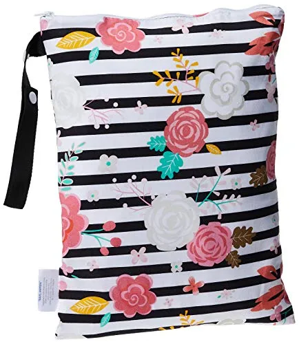 Itzy Ritzy Sealed Wet Bag with Adjustable Handle - Washable and Reusable Wet Bag with Water Resistant Lining Ideal for Swimwear, Diapers, Gym Clothes & Toiletries; Measures 11" x 14", Floral Stripe
