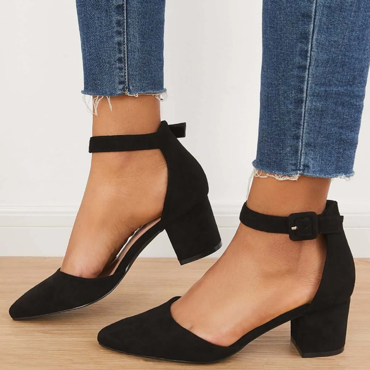 Low Chunky Block Heel Pumps Pointed Toe Ankle Strap Heels