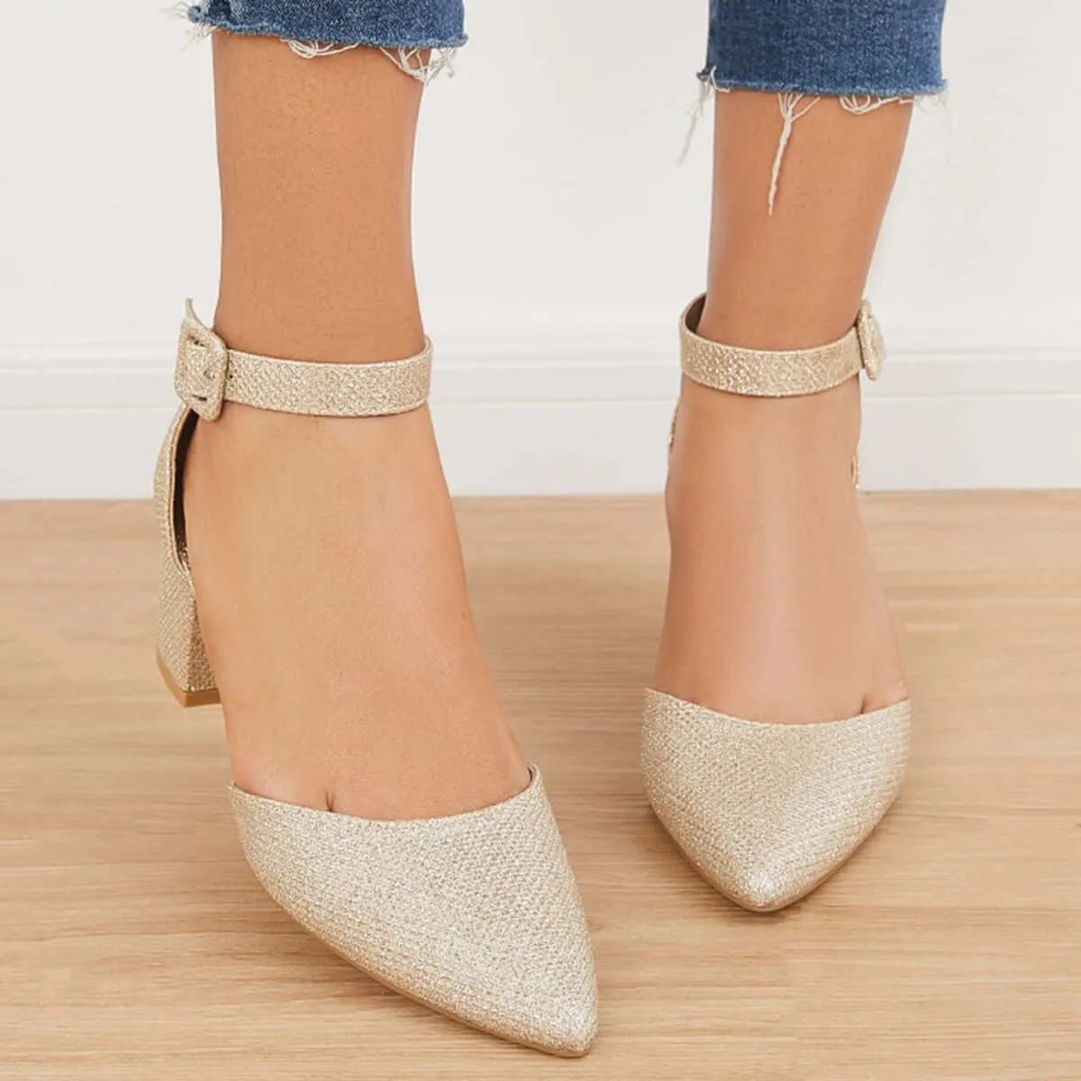 Low Chunky Block Heel Pumps Pointed Toe Ankle Strap Heels