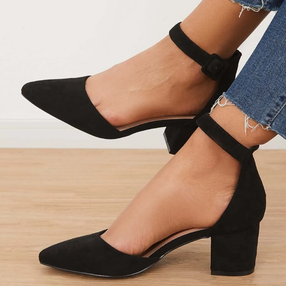 Low Chunky Block Heel Pumps Pointed Toe Ankle Strap Heels