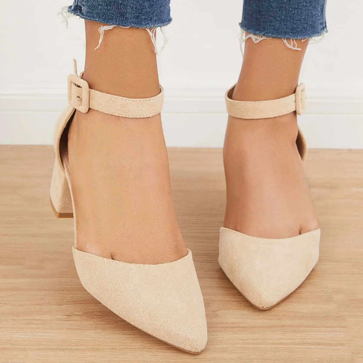Low Chunky Block Heel Pumps Pointed Toe Ankle Strap Heels