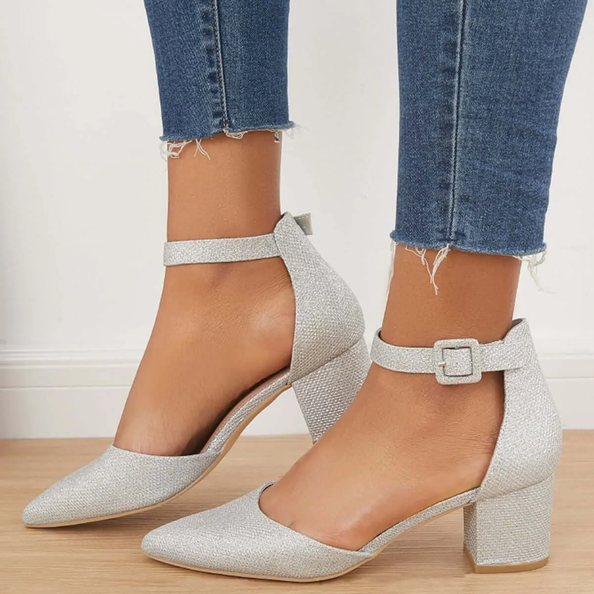 Low Chunky Block Heel Pumps Pointed Toe Ankle Strap Heels
