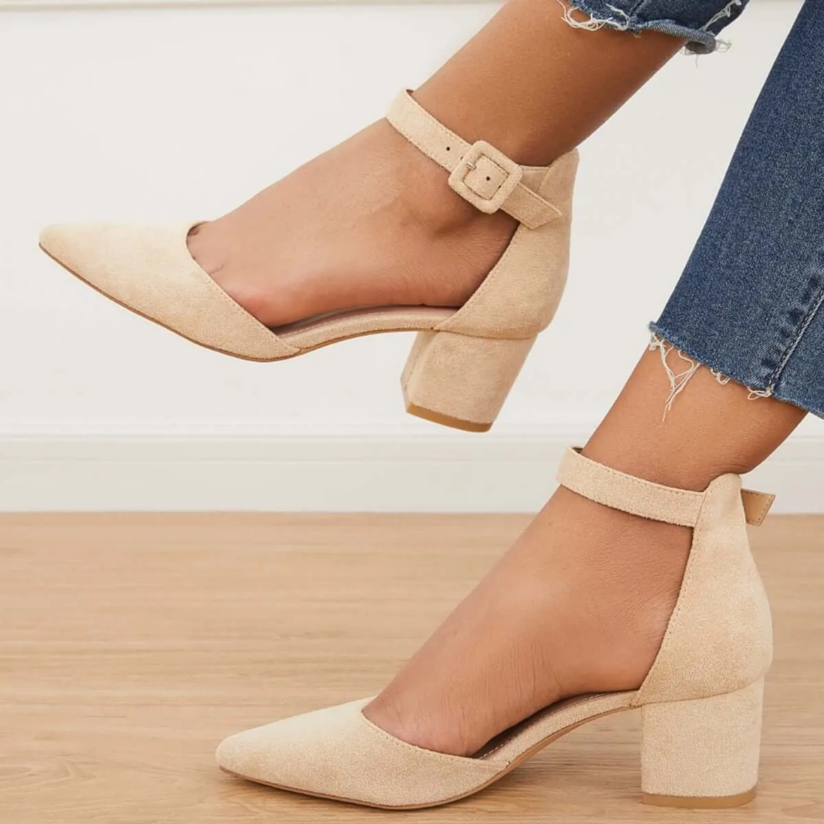 Low Chunky Block Heel Pumps Pointed Toe Ankle Strap Heels