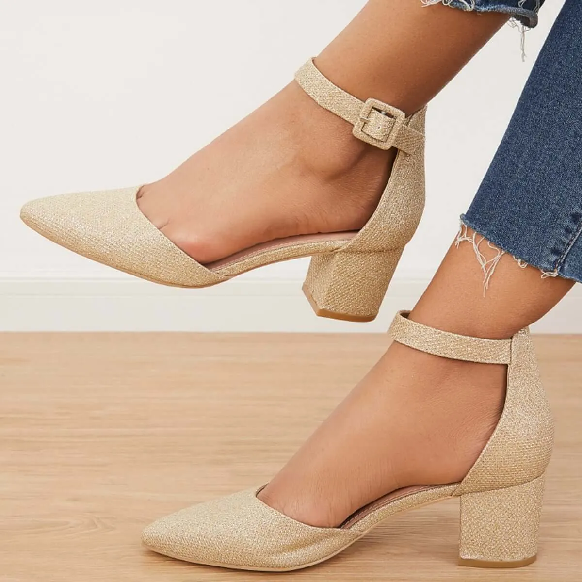 Low Chunky Block Heel Pumps Pointed Toe Ankle Strap Heels