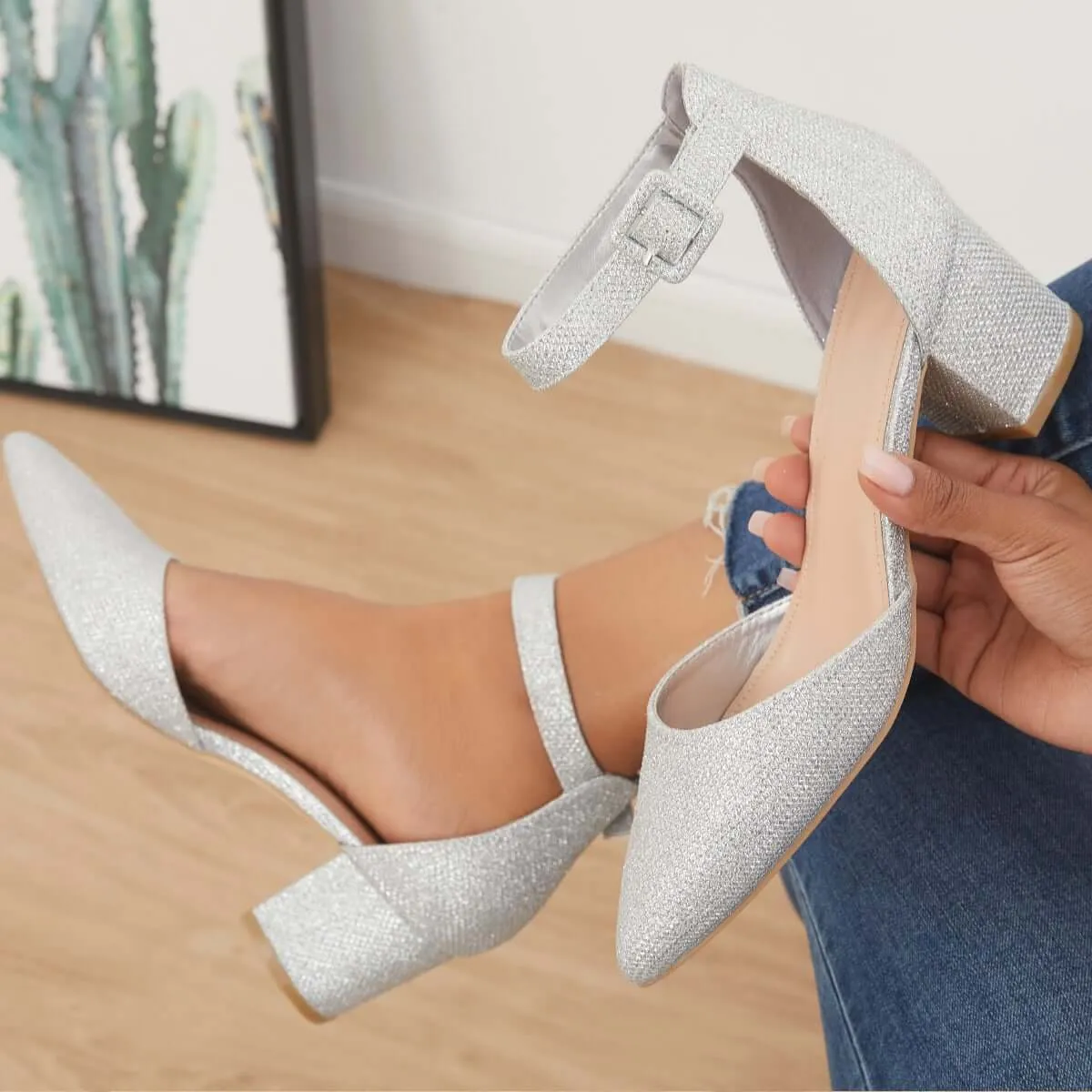 Low Chunky Block Heel Pumps Pointed Toe Ankle Strap Heels