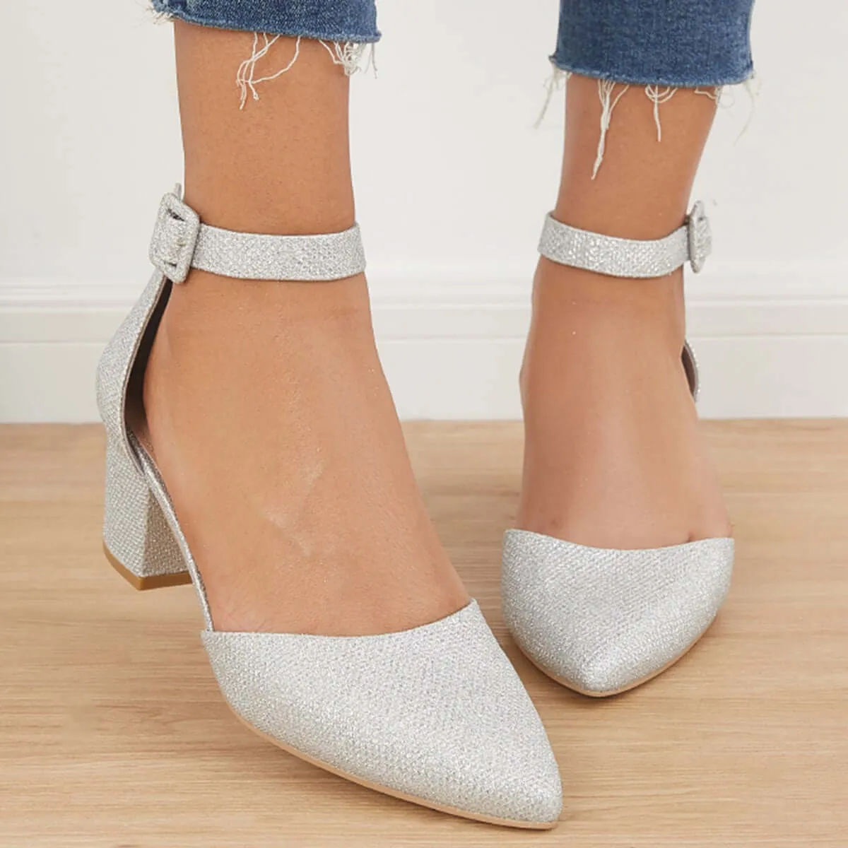 Low Chunky Block Heel Pumps Pointed Toe Ankle Strap Heels