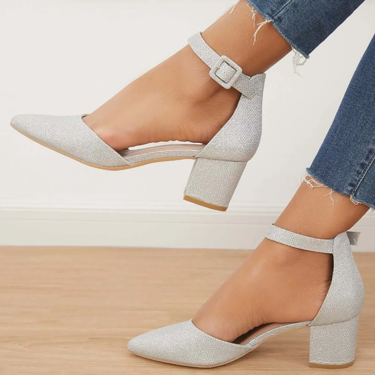 Low Chunky Block Heel Pumps Pointed Toe Ankle Strap Heels
