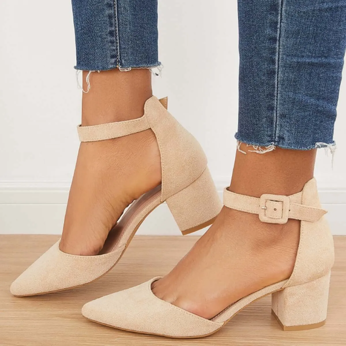 Low Chunky Block Heel Pumps Pointed Toe Ankle Strap Heels