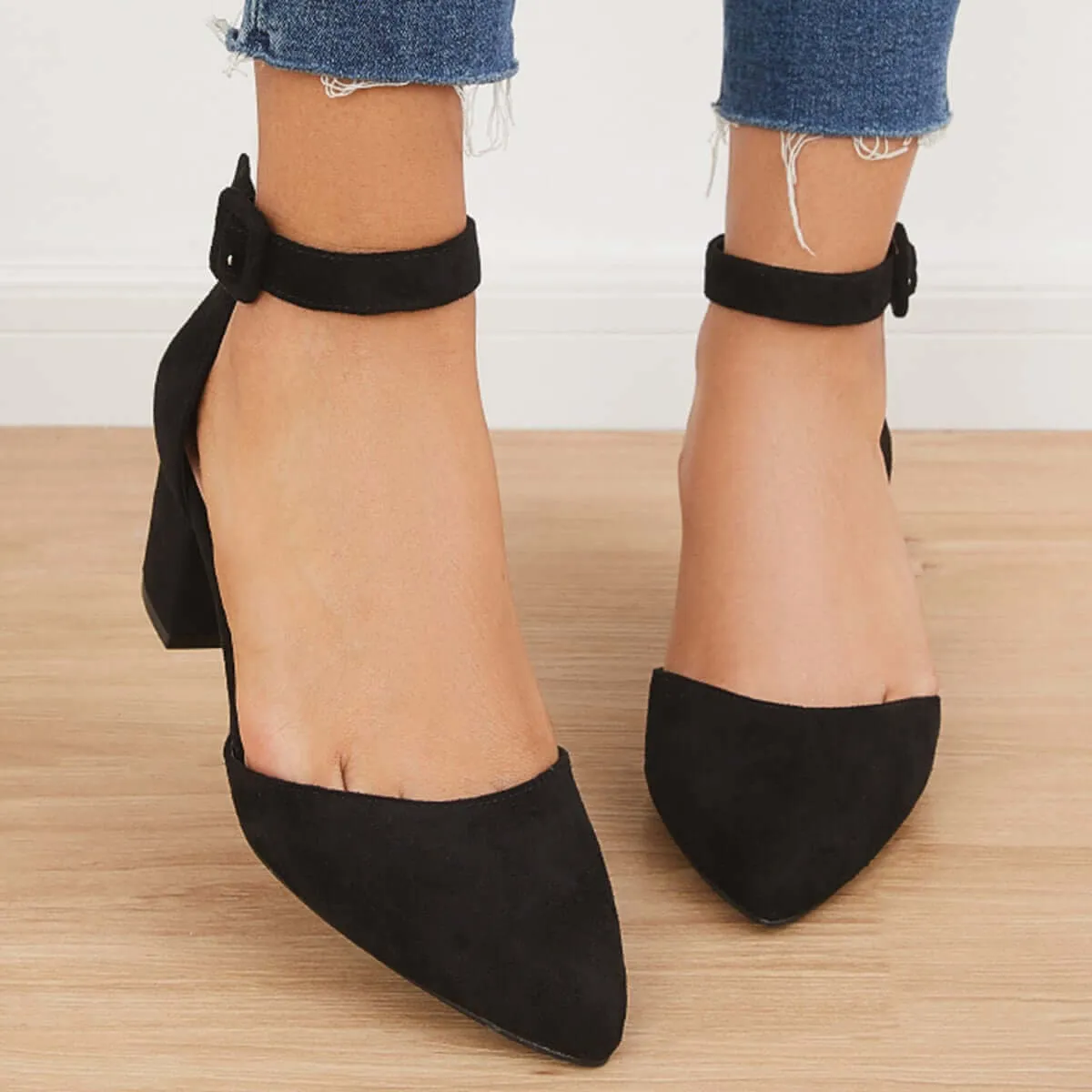 Low Chunky Block Heel Pumps Pointed Toe Ankle Strap Heels