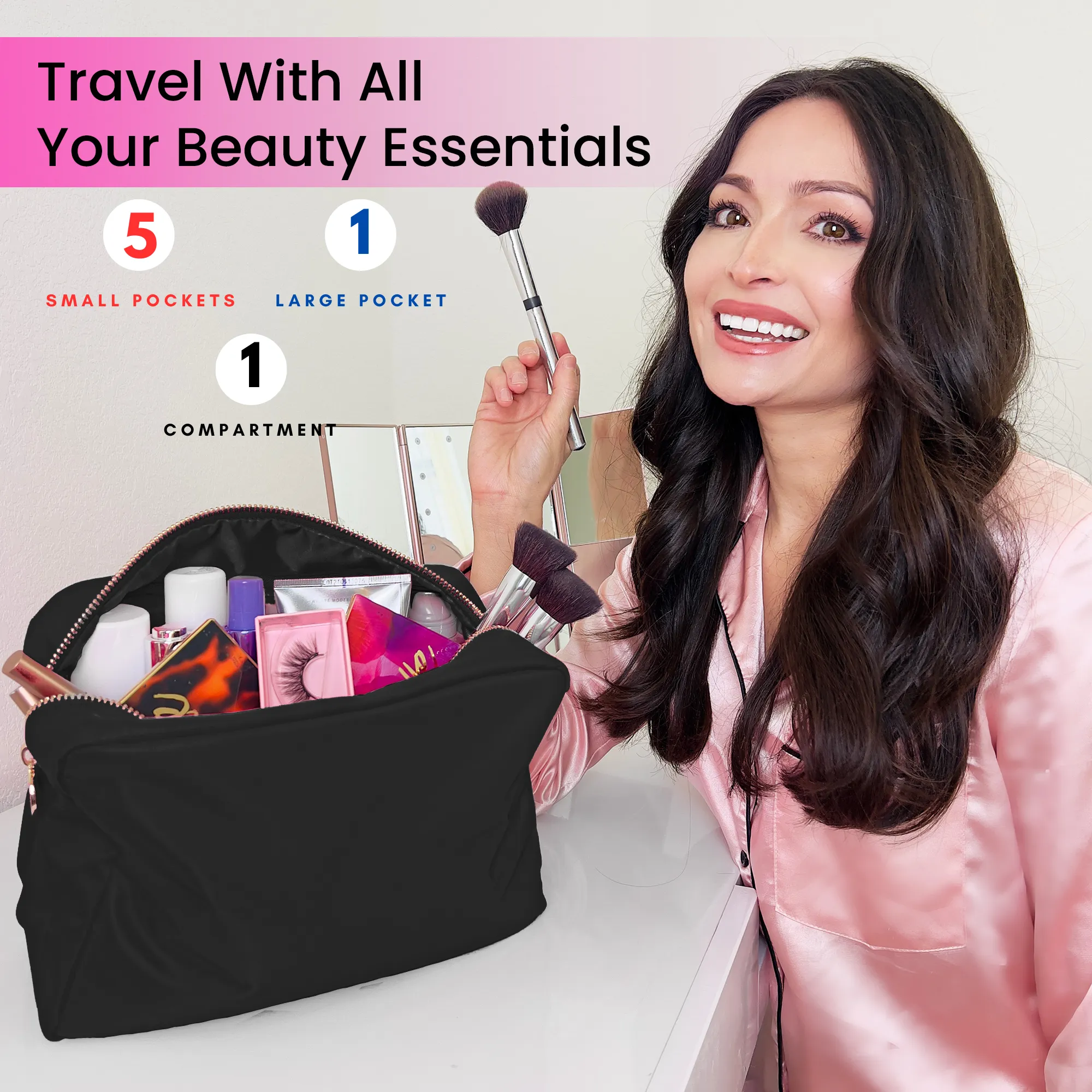 Makeup Bag With Compartments, Make Up Bag, Travel Makeup Bag, Cosmetic Bag, Makeup Case, Travel Cosmetic Bags for Women, Large Makeup Bag Organizer, Makeup Pouch, Makeup Travel Bag, Black Makeup Bags