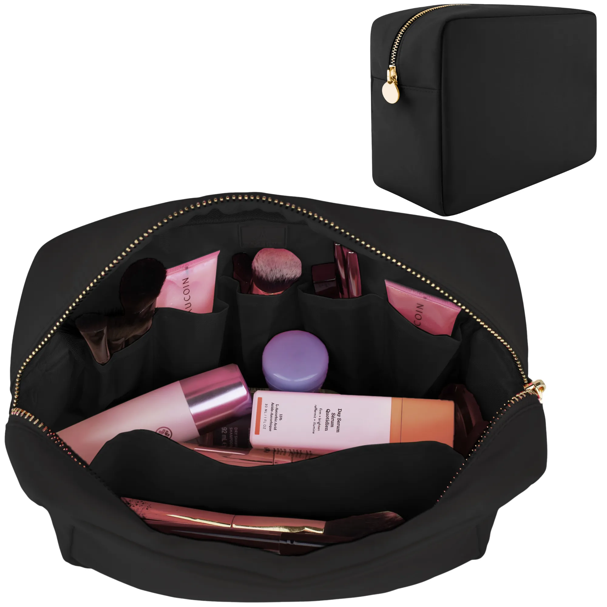 Makeup Bag With Compartments, Make Up Bag, Travel Makeup Bag, Cosmetic Bag, Makeup Case, Travel Cosmetic Bags for Women, Large Makeup Bag Organizer, Makeup Pouch, Makeup Travel Bag, Black Makeup Bags