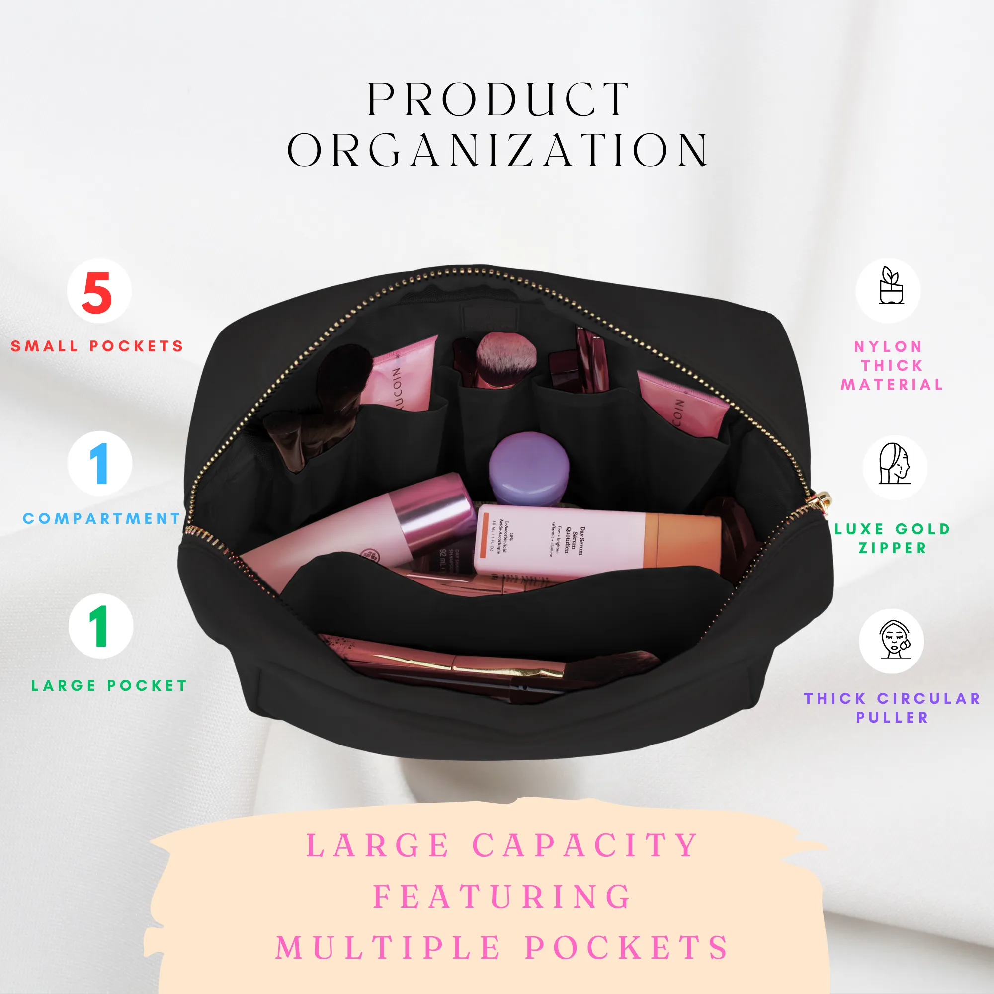 Makeup Bag With Compartments, Make Up Bag, Travel Makeup Bag, Cosmetic Bag, Makeup Case, Travel Cosmetic Bags for Women, Large Makeup Bag Organizer, Makeup Pouch, Makeup Travel Bag, Black Makeup Bags