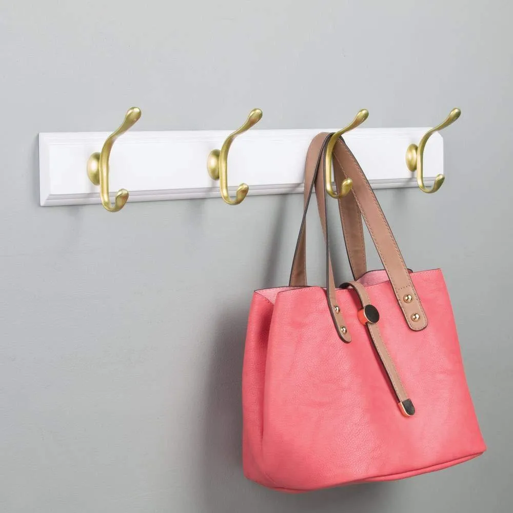 mDesign Decorative Wood Wall Mount Storage Organizer Rack for Coats, Hoodies, Hats, Scarves, Purses, Leashes, Bath Towels, Robes, Men and Women's Clothing - 8 Metal Hooks, 2 Pack - White/Gold Brass