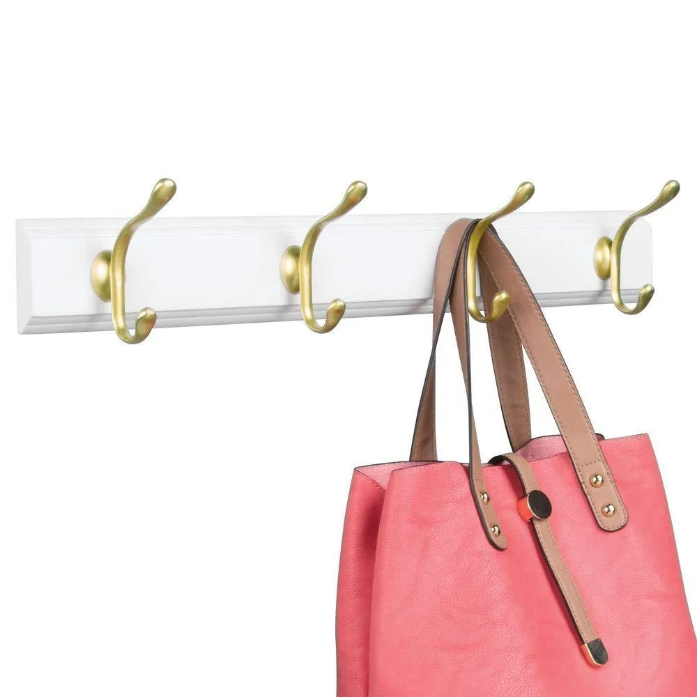 mDesign Decorative Wood Wall Mount Storage Organizer Rack for Coats, Hoodies, Hats, Scarves, Purses, Leashes, Bath Towels, Robes, Men and Women's Clothing - 8 Metal Hooks, 2 Pack - White/Gold Brass