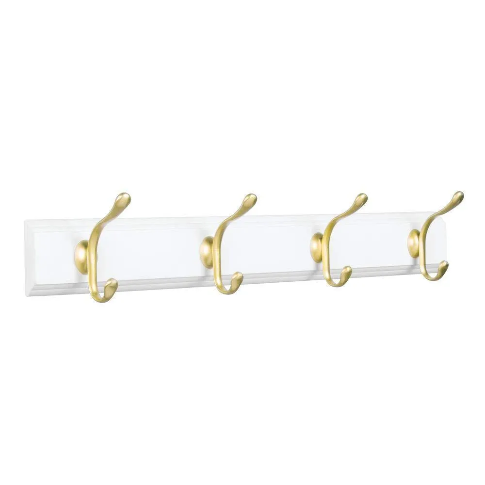 mDesign Decorative Wood Wall Mount Storage Organizer Rack for Coats, Hoodies, Hats, Scarves, Purses, Leashes, Bath Towels, Robes, Men and Women's Clothing - 8 Metal Hooks, 2 Pack - White/Gold Brass