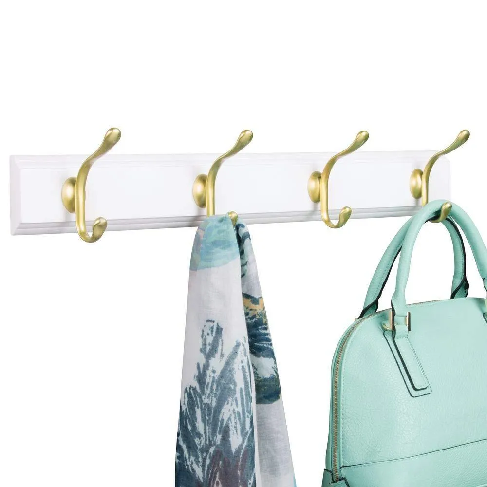 mDesign Decorative Wood Wall Mount Storage Organizer Rack for Coats, Hoodies, Hats, Scarves, Purses, Leashes, Bath Towels, Robes, Men and Women's Clothing - 8 Metal Hooks, 2 Pack - White/Gold Brass