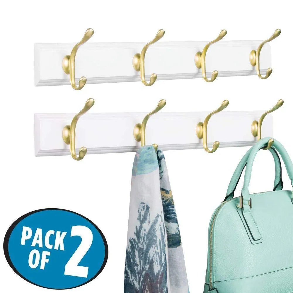 mDesign Decorative Wood Wall Mount Storage Organizer Rack for Coats, Hoodies, Hats, Scarves, Purses, Leashes, Bath Towels, Robes, Men and Women's Clothing - 8 Metal Hooks, 2 Pack - White/Gold Brass