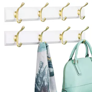 mDesign Decorative Wood Wall Mount Storage Organizer Rack for Coats, Hoodies, Hats, Scarves, Purses, Leashes, Bath Towels, Robes, Men and Women's Clothing - 8 Metal Hooks, 2 Pack - White/Gold Brass