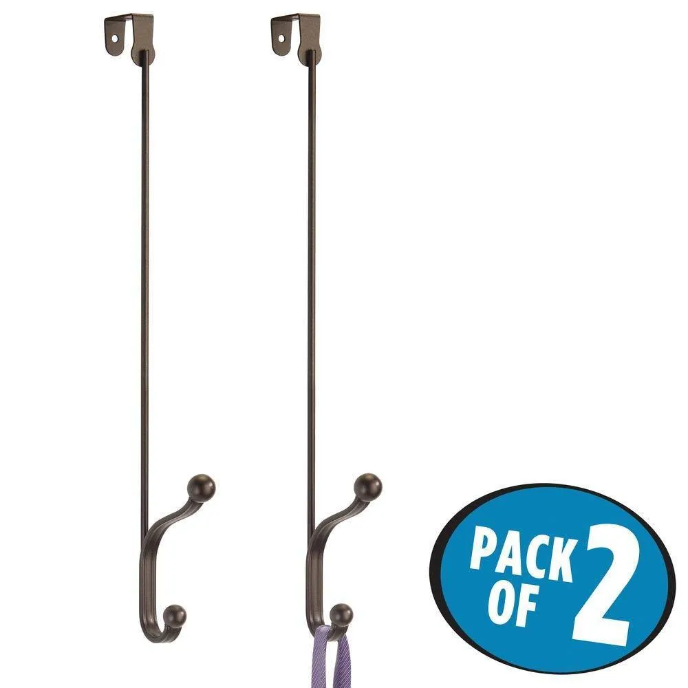 mDesign Metal Modern Long Easy Reach Over The Door Storage Organizer Rack - Hang Coats, Hoodies, Hats, Scarves, Purses, Leashes, Towels, Robes, Clothing - 17" Tall, 2 Hooks - 2 Pack - Bronze