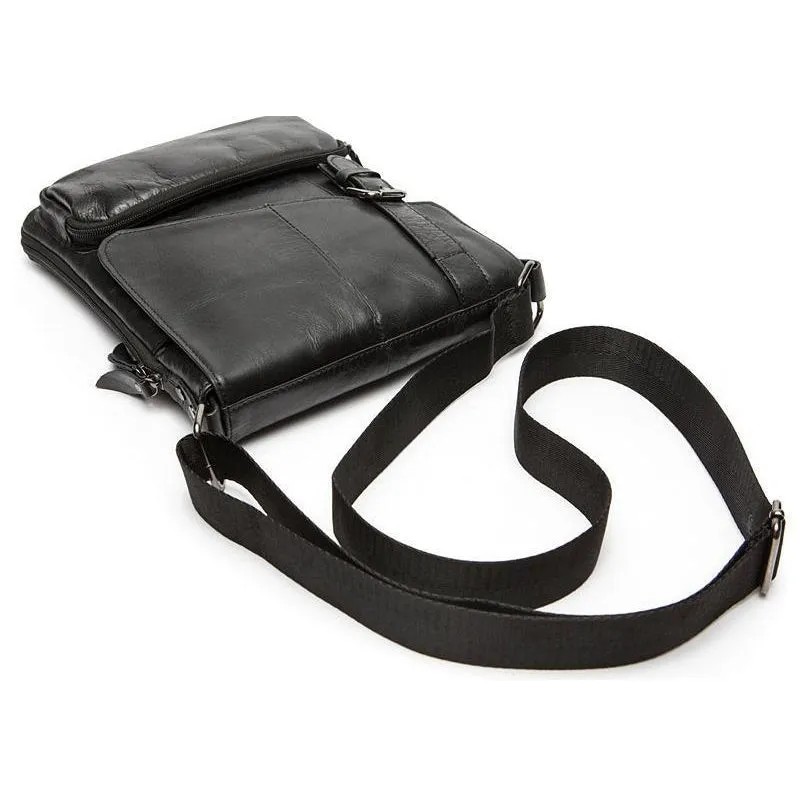 Men Black Natural Leather Shoulder Bag with a Belt Buckle Flap Closure Design