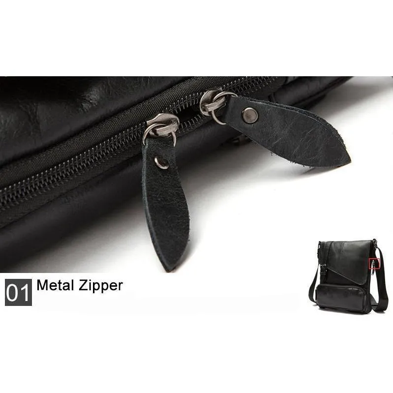 Men Black Natural Leather Shoulder Bag with a Belt Buckle Flap Closure Design