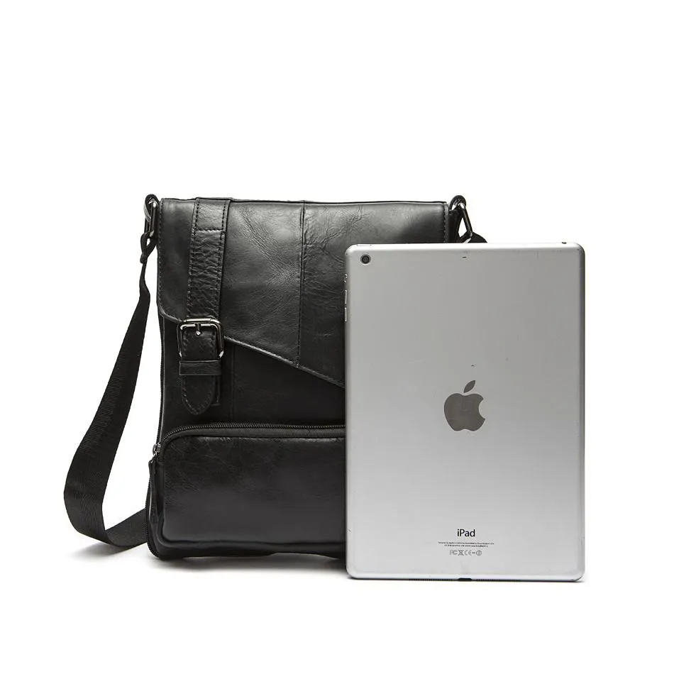 Men Black Natural Leather Shoulder Bag with a Belt Buckle Flap Closure Design