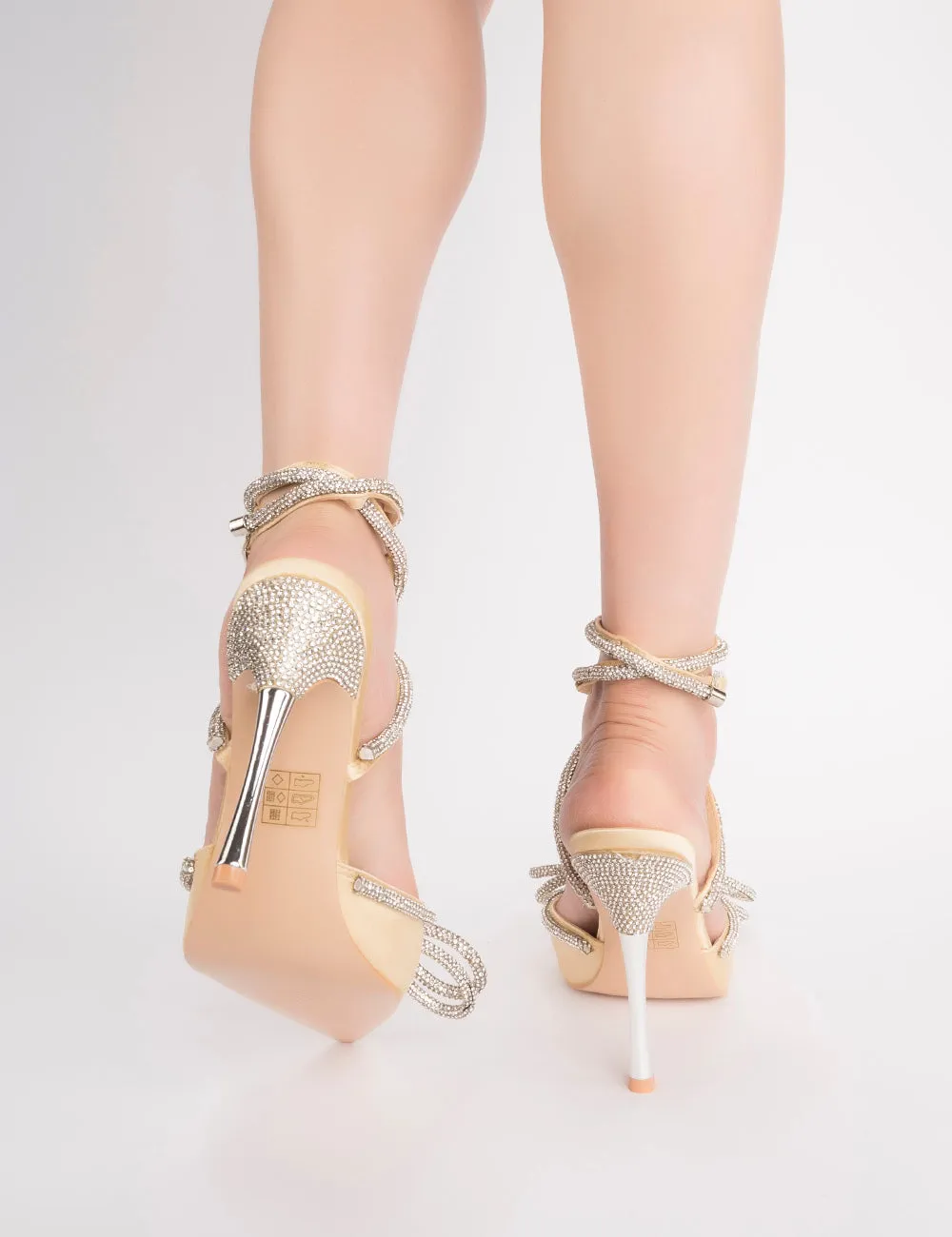 Midnight Beige Satin Wrap Around Diamante Bow High Heels