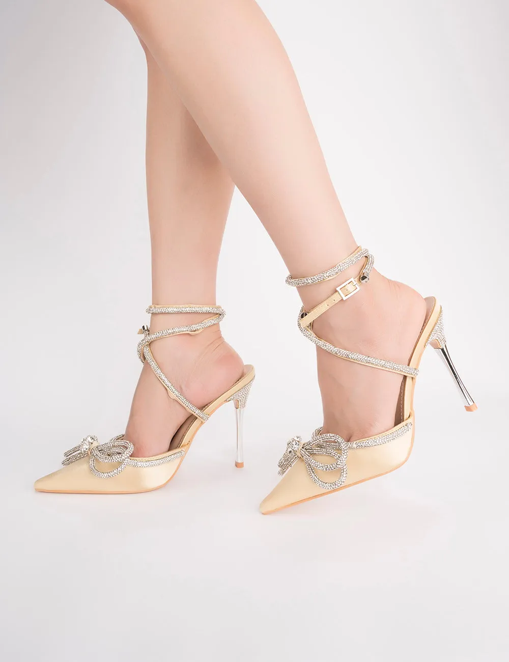 Midnight Beige Satin Wrap Around Diamante Bow High Heels