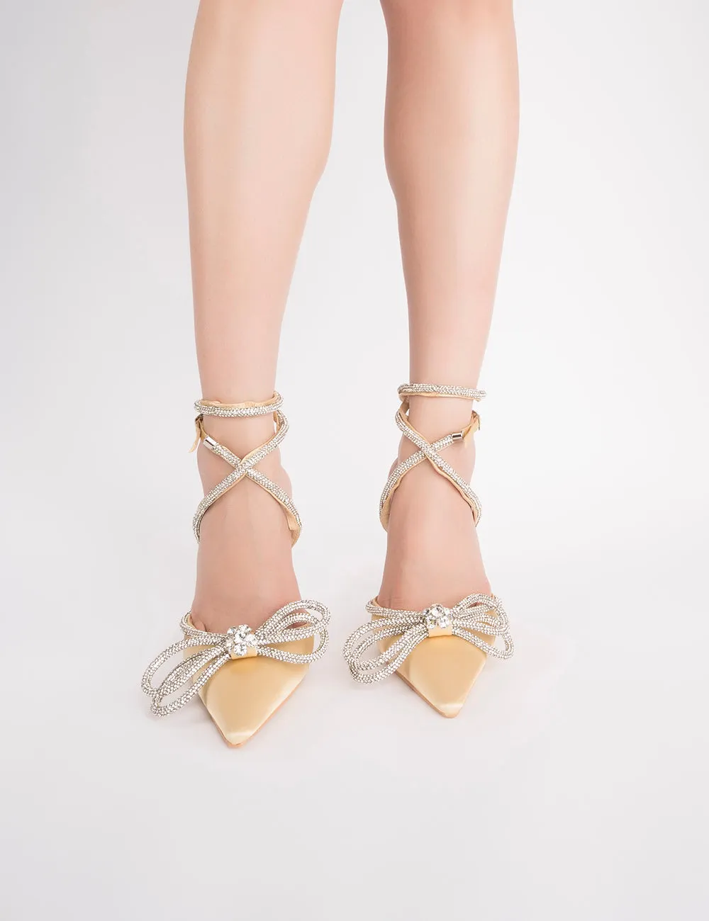 Midnight Beige Satin Wrap Around Diamante Bow High Heels
