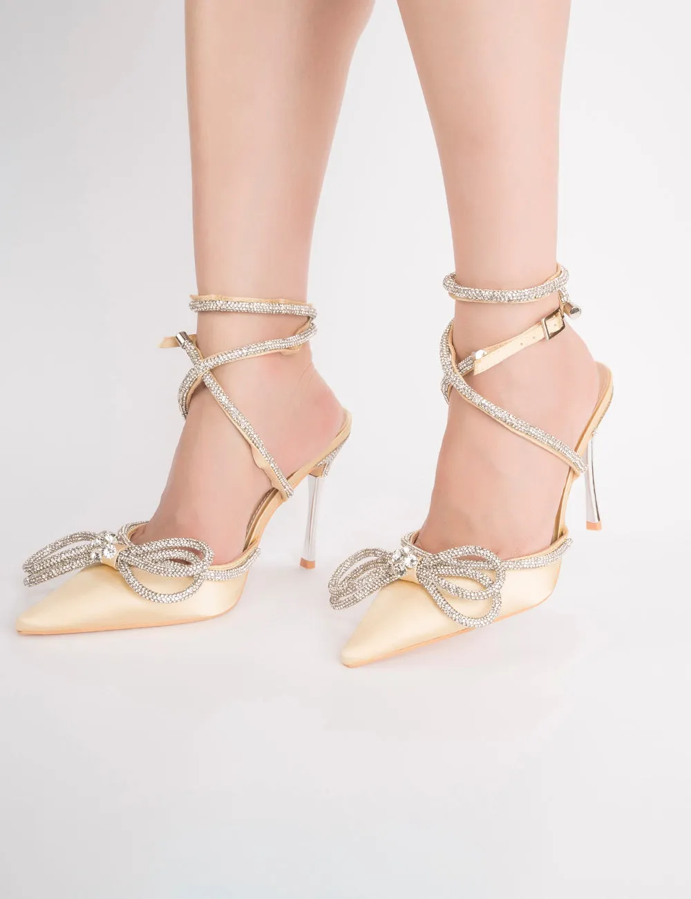 Midnight Beige Satin Wrap Around Diamante Bow High Heels