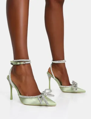 Midnight Sage Satin Wrap Around Diamante Bow Pointed Toe High Heels