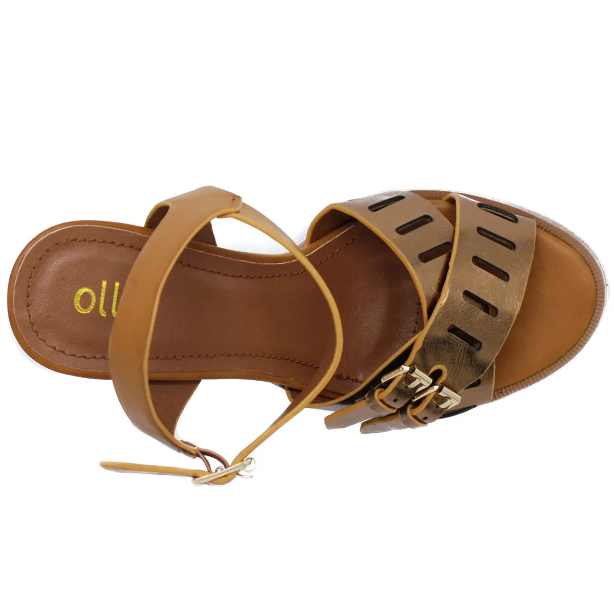 Ollio Womens Double Buckle Metallic High Heel Sandal