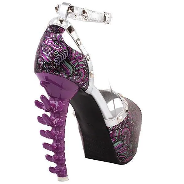 Retro Floral Print Ankle Strap High Heel Pumps
