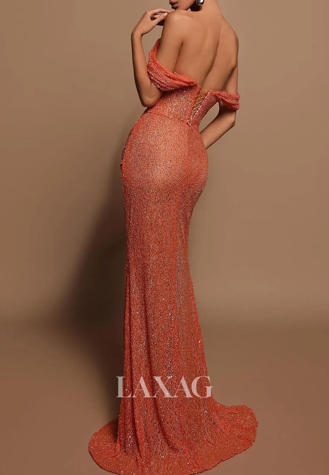 Scoop-Neck Off-Shoulder Sleeveless Party Gowns Sequined Glitter-Knit Pleated Mermaid Prom Dress