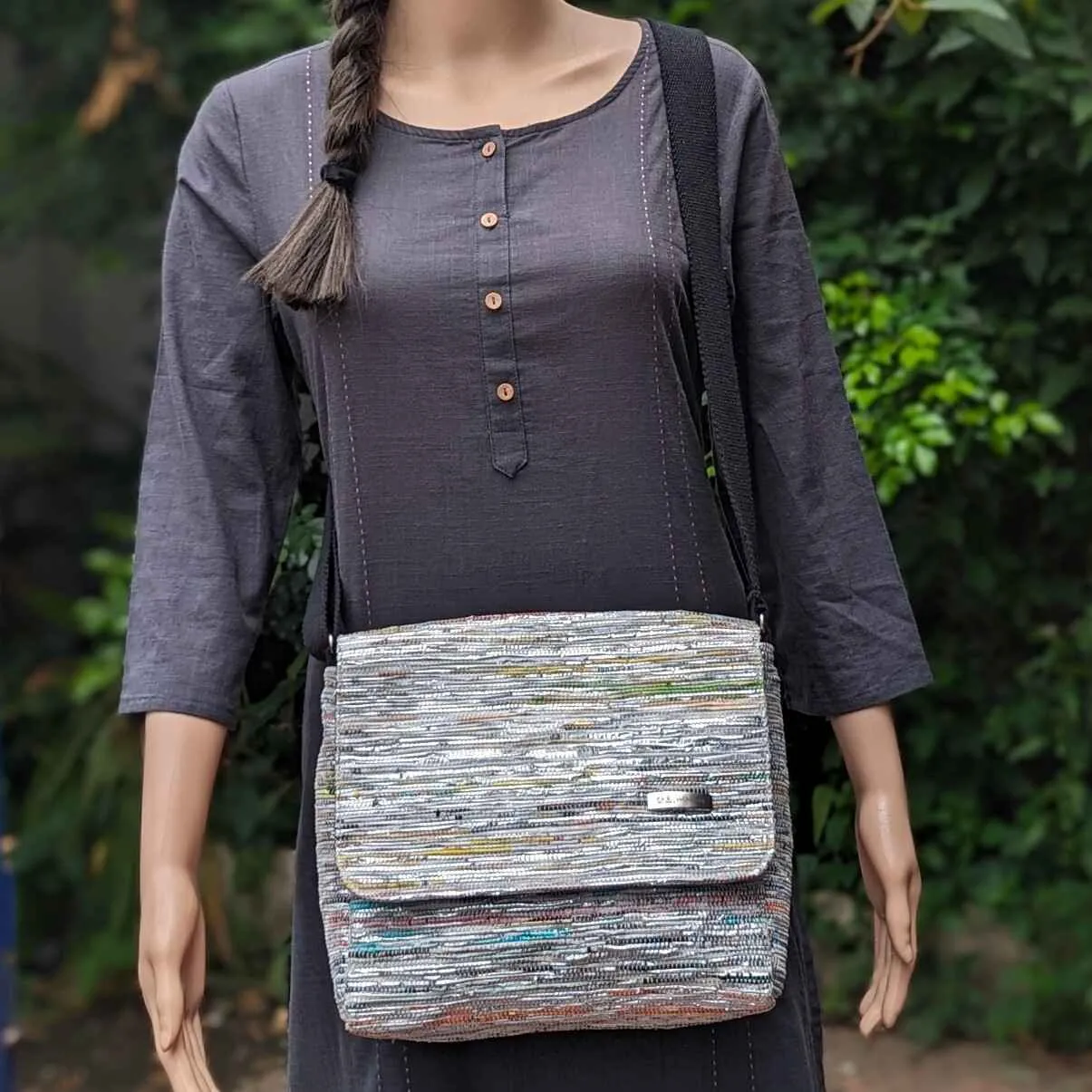 Shimmery Multicolored Upcycled Handwoven Messenger Bag (MB0924-003) PS_W