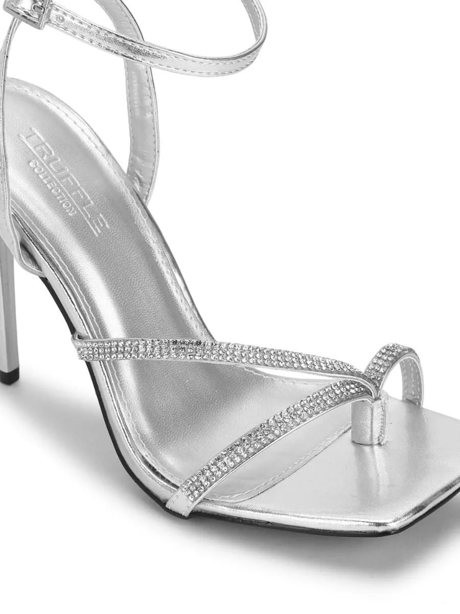 Silver PU Diamante Stilettos With Slim Straps