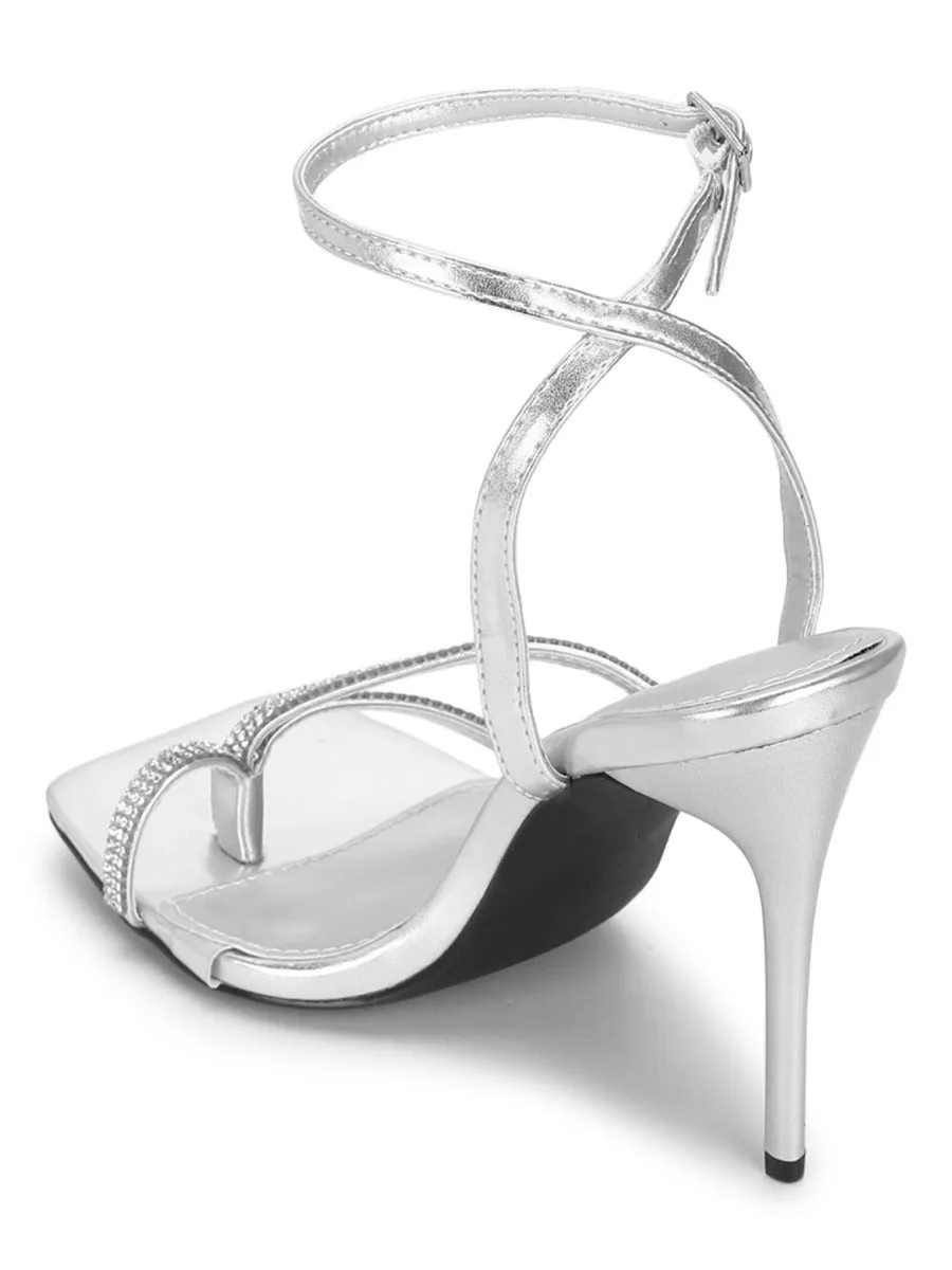 Silver PU Diamante Stilettos With Slim Straps