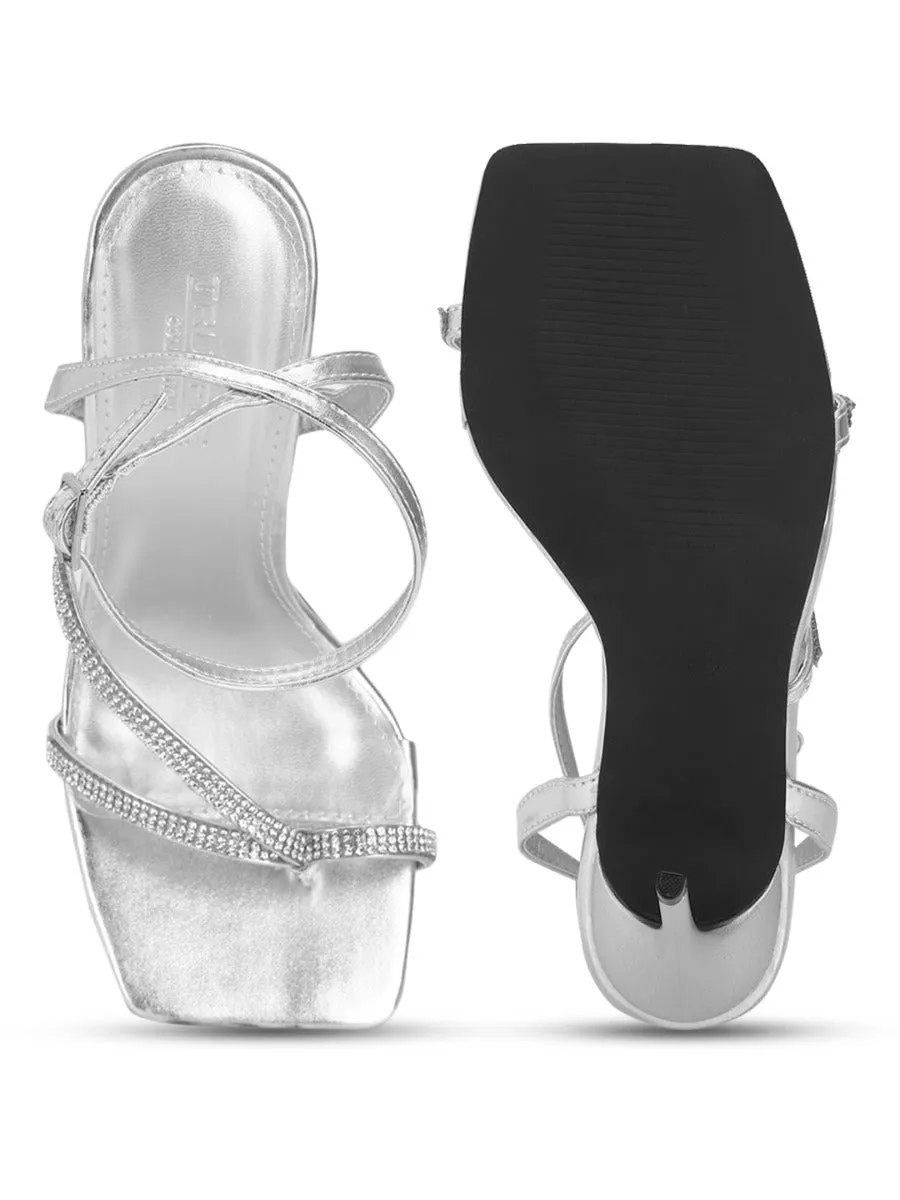 Silver PU Diamante Stilettos With Slim Straps