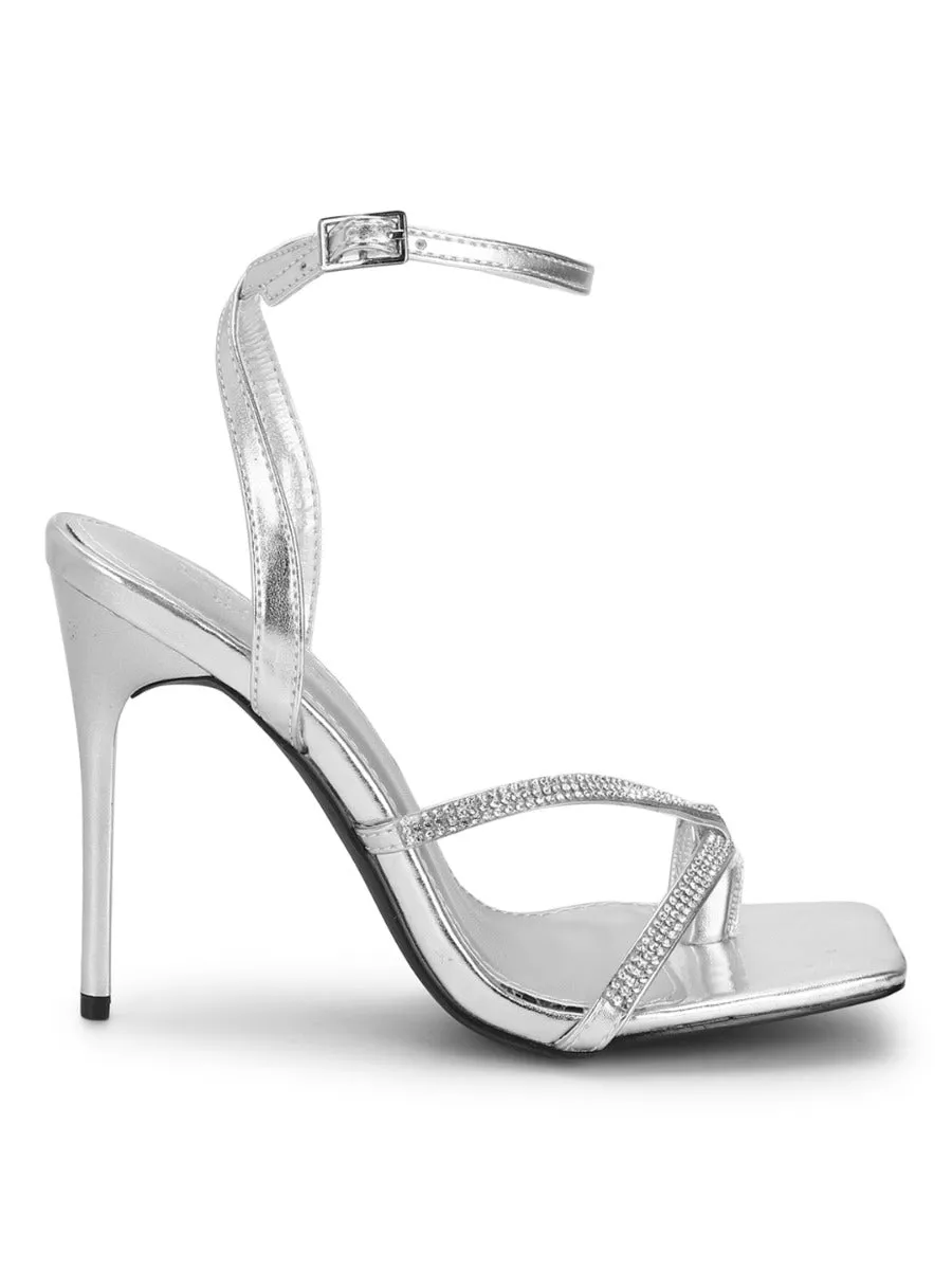Silver PU Diamante Stilettos With Slim Straps
