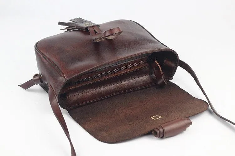 Small Vintage Designer Vegetable Leather Shoulder Bag For Women Retro Handcrafted Brush Off Ladies Tassel Handbag